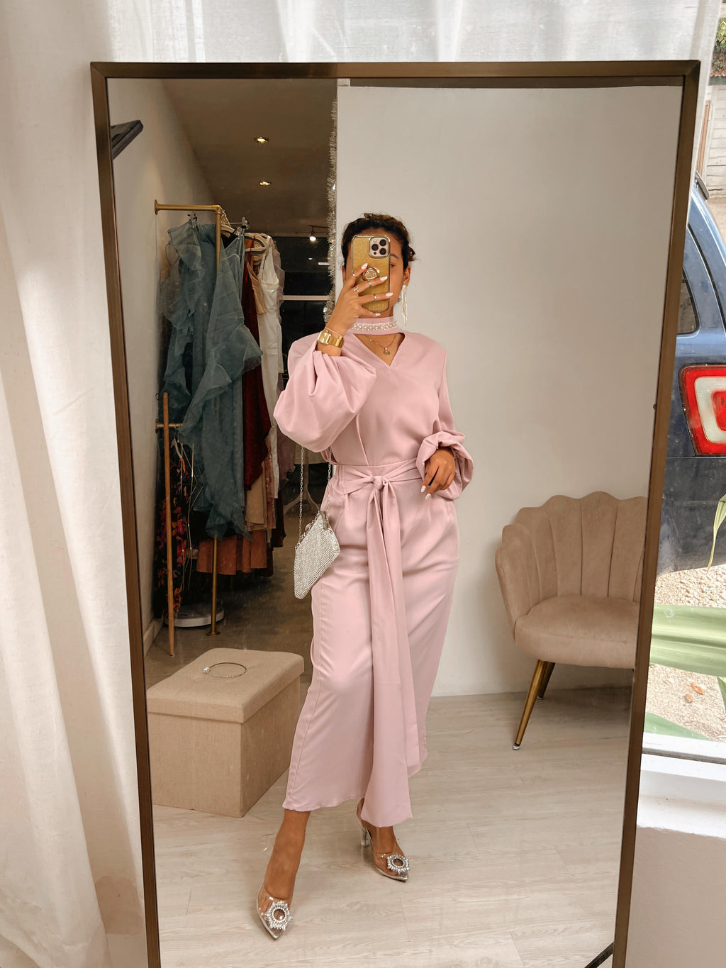 2pc Dusty Pink Modest Tie Waist Skirt Set