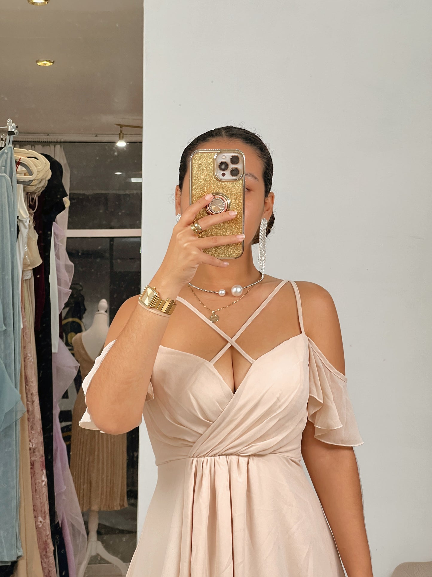 Nude Crisscross Strap A-Line Maxi Dress