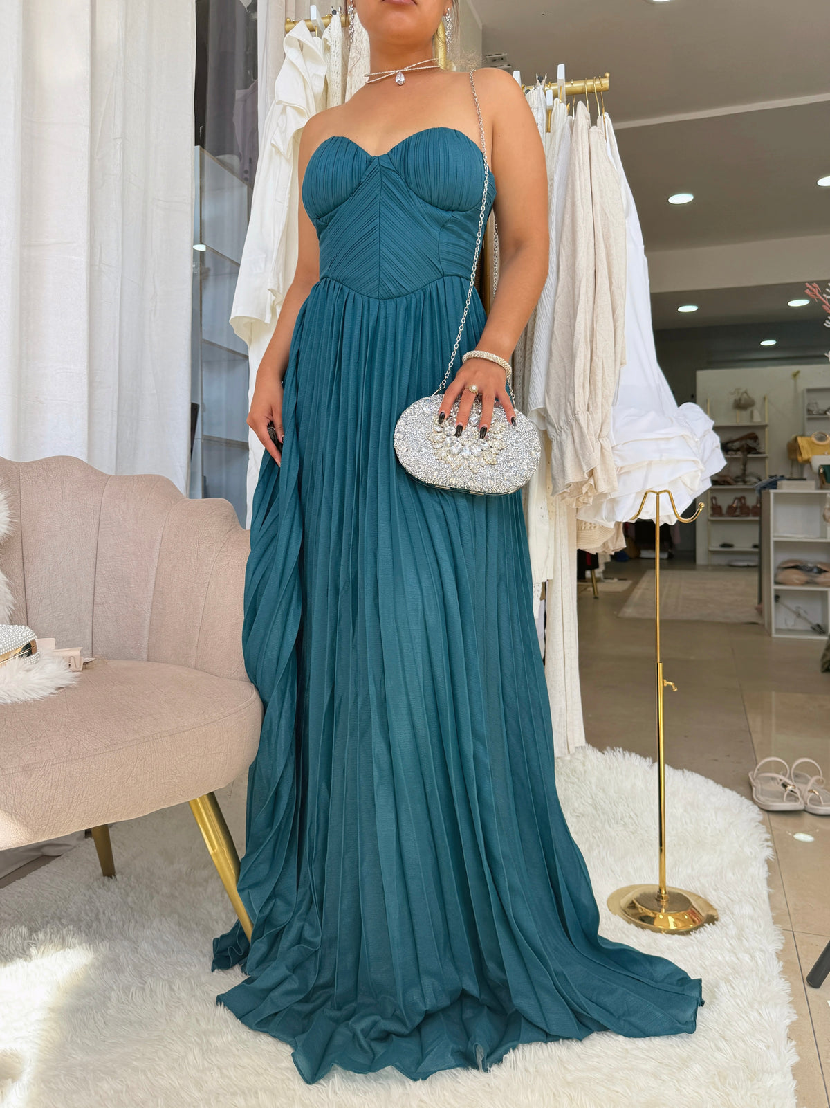 Teal Green Pleated Gala Dress