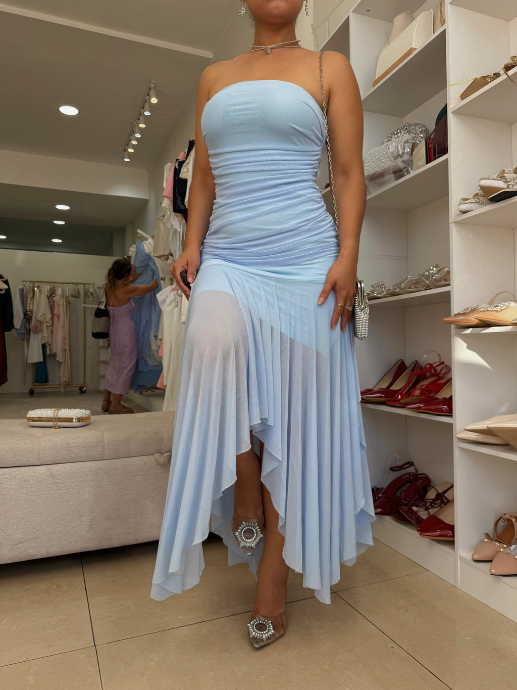Sky Blue Mesh tube Midi Dress