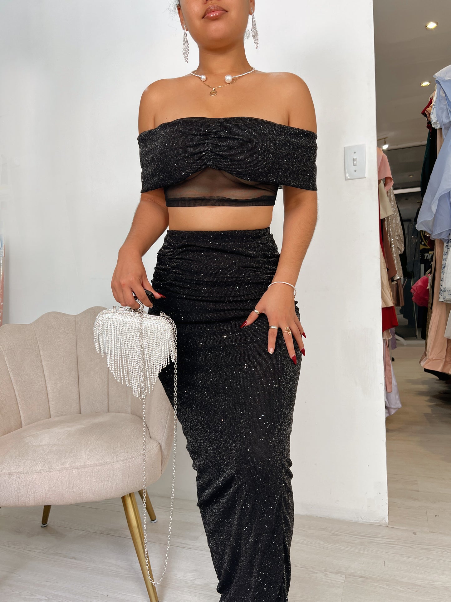 Black Glitter Mesh Midi Skirt Set