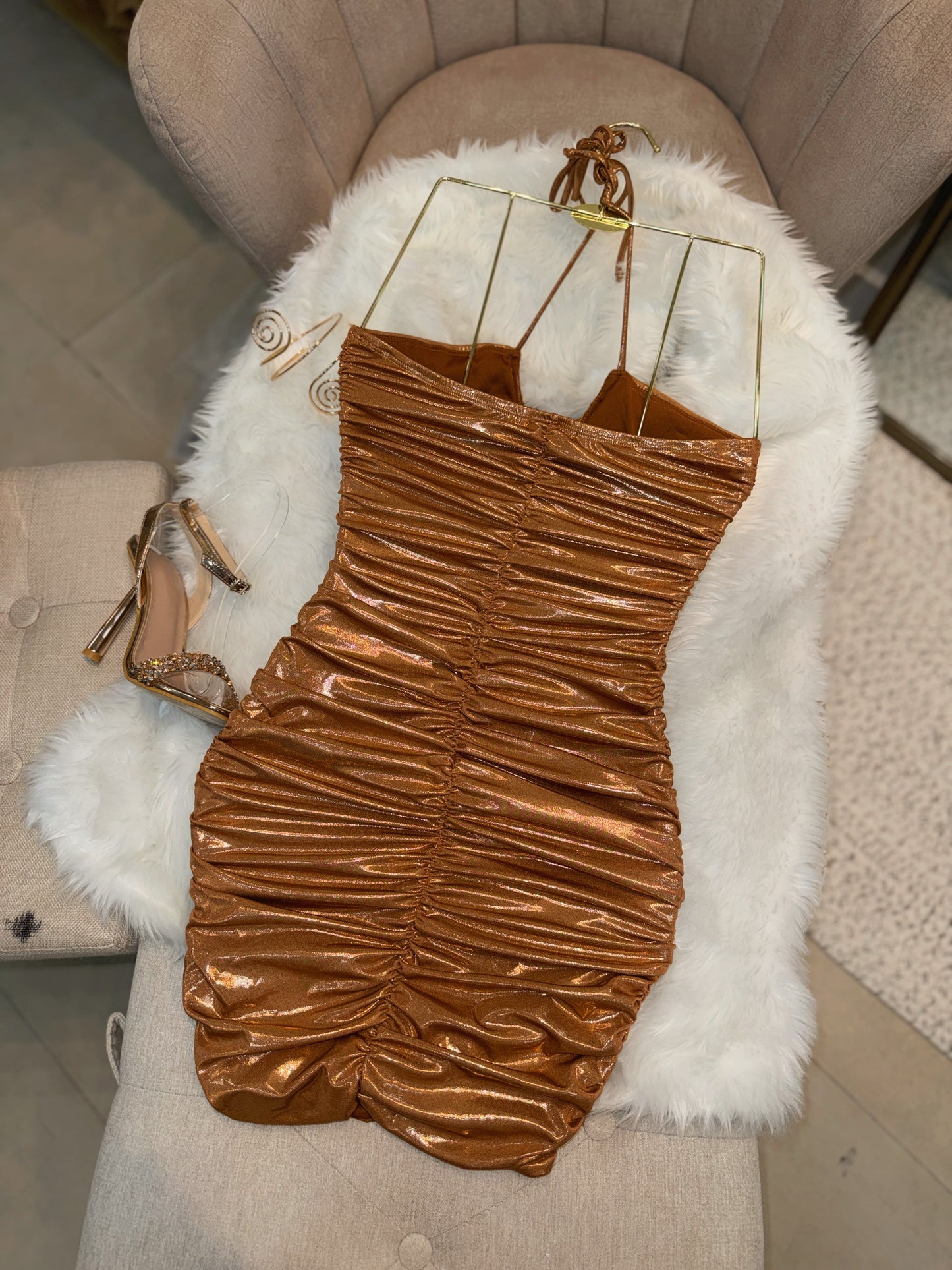 Rust Metallic V Mini Dress