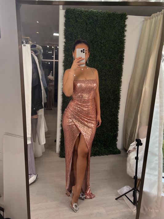 Rose gold Sequins Laced Back Gala Dress