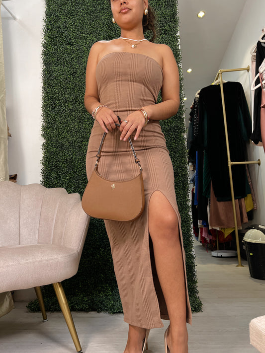 Brown Ribknit Tube Maxi Dress