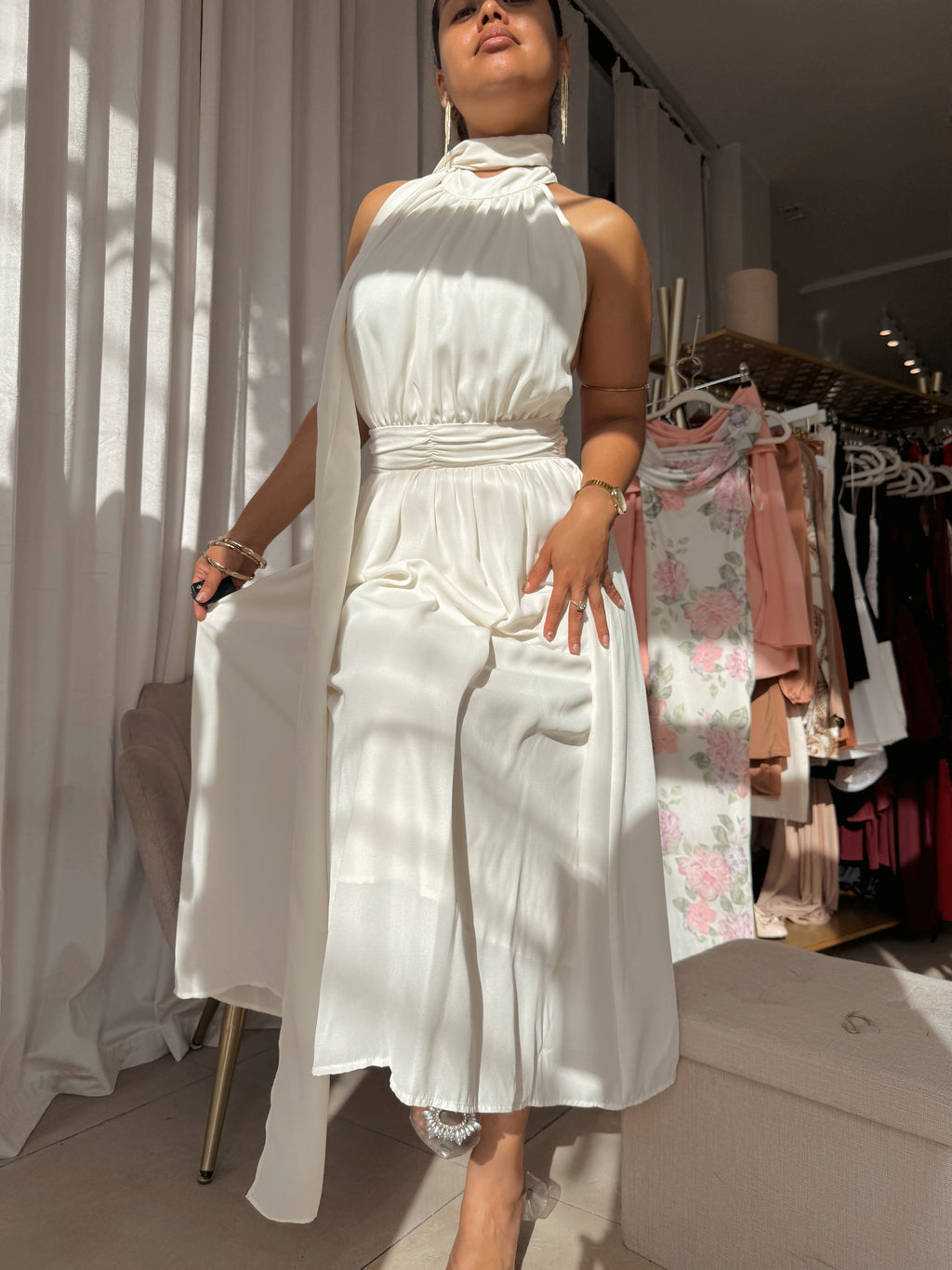 2pc Ivory Halter Dress & Scarf