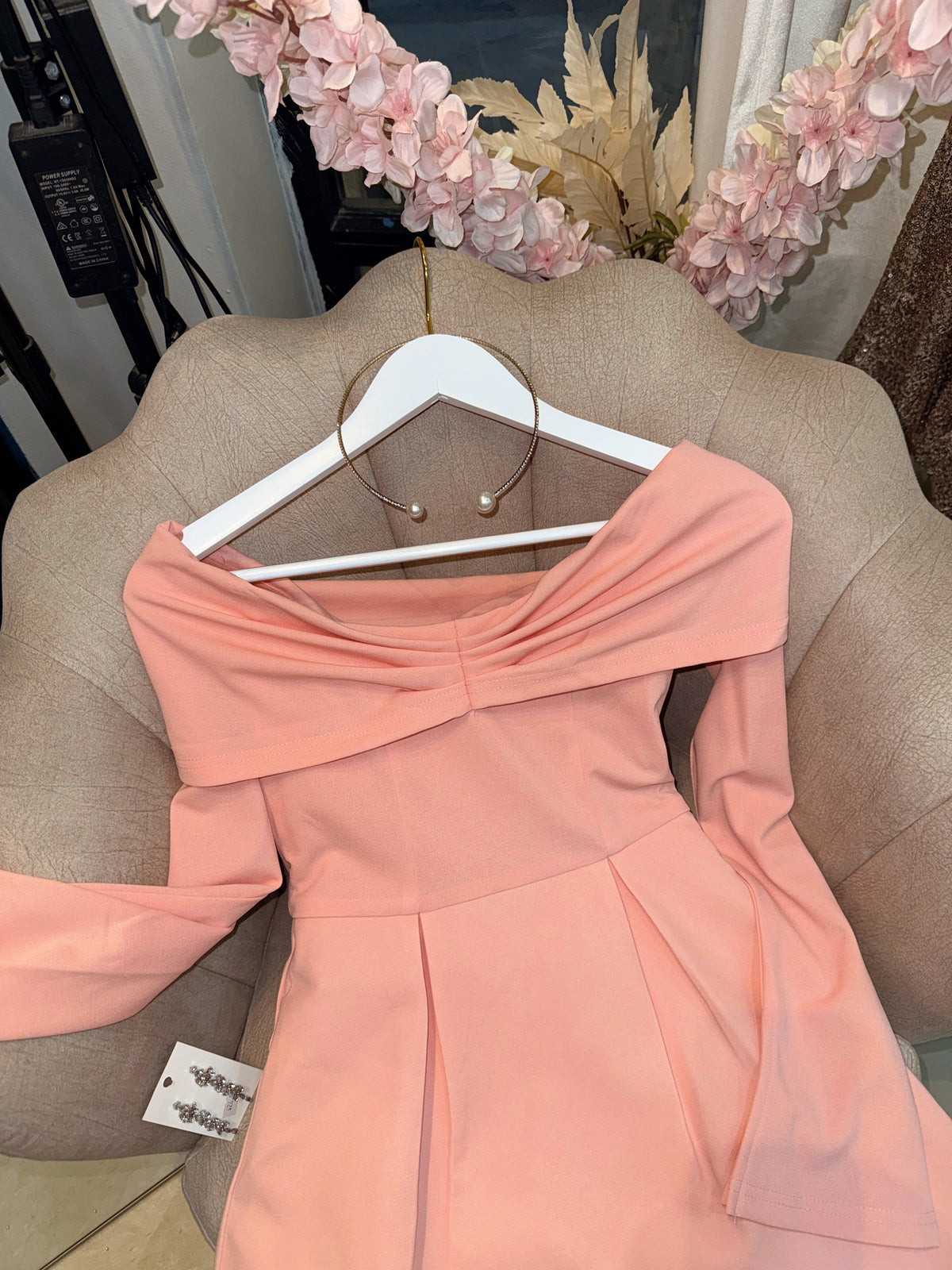 Pink Sleeved Bardot Dress