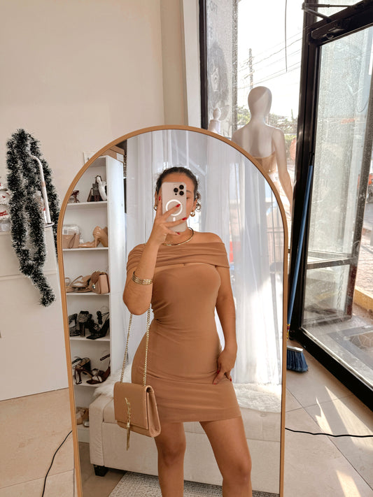 Tan Bardot Mini Dress