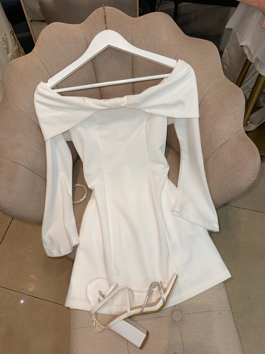 White Bardot Sleeved Semi-formal Dress