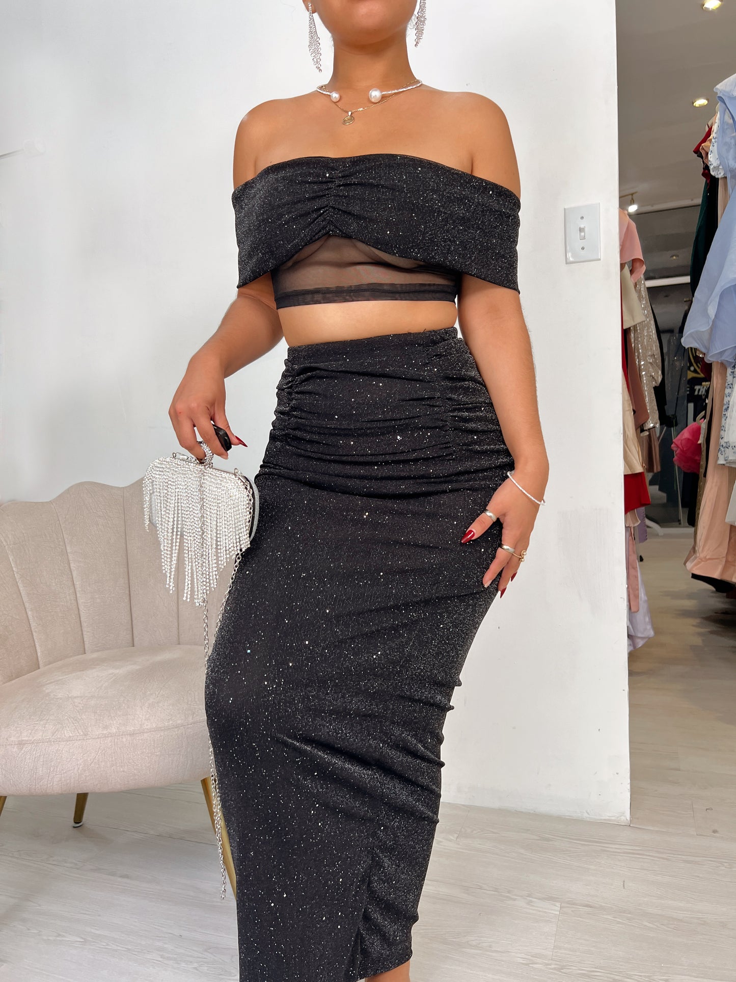 Black Glitter Mesh Midi Skirt Set