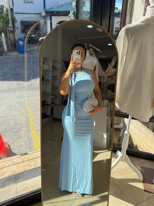 Baby Blue Tie Shoulder Maxi dress material stretches