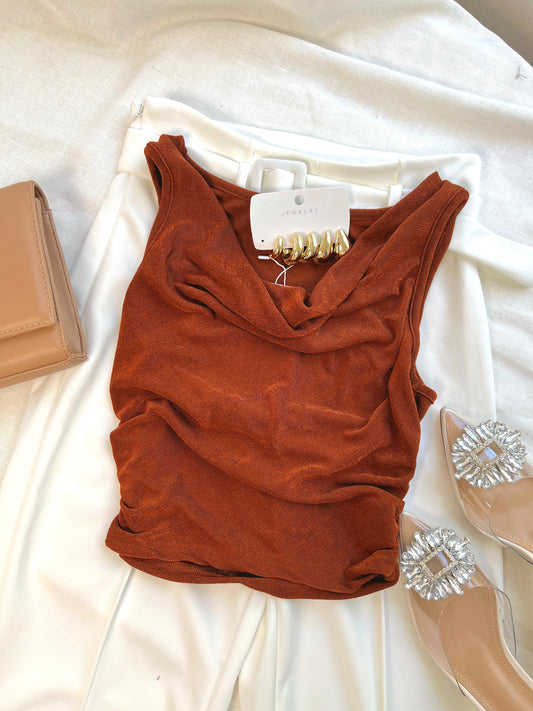 Rust Metallic Cowl Blouse