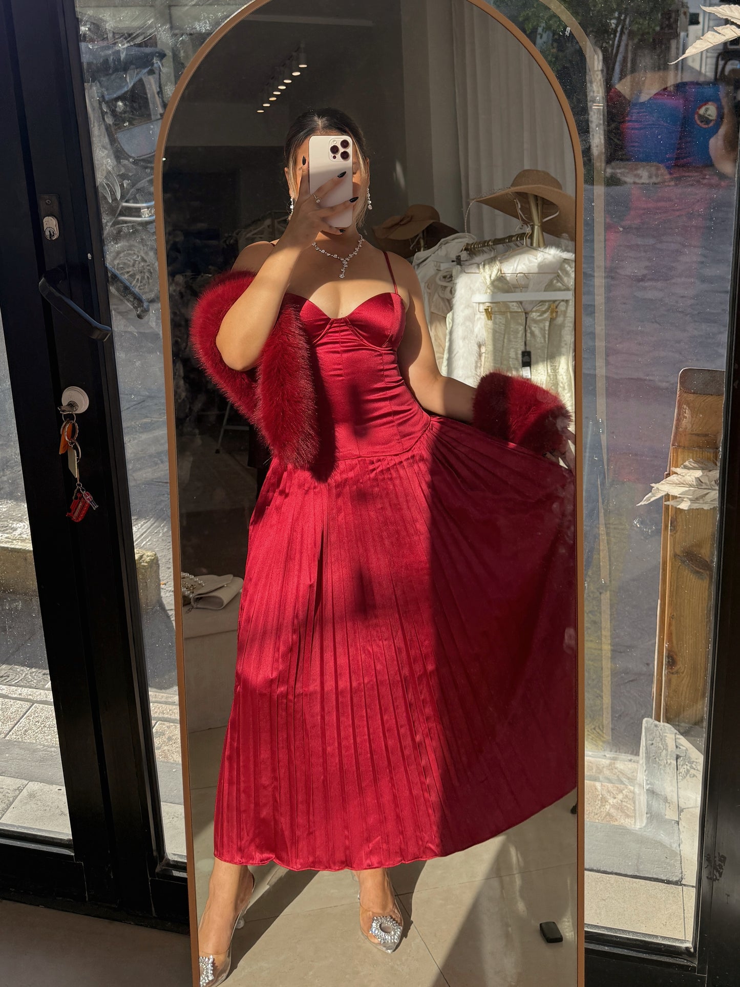 Burgundy Bustier Pleated Midi Dress