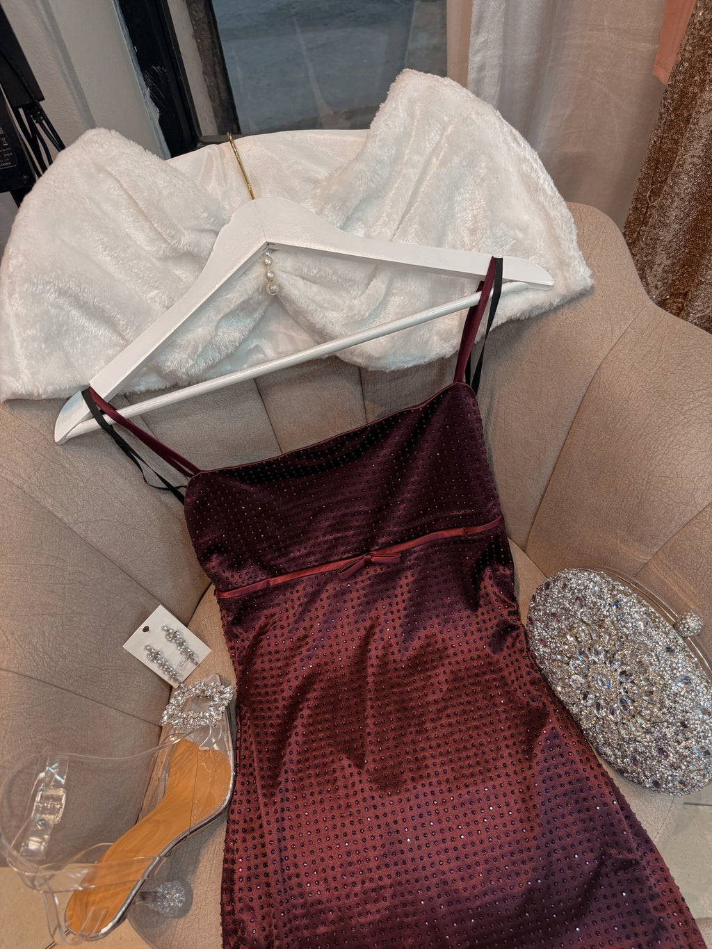 Maroon Rhinestone Embellished Mini Dress