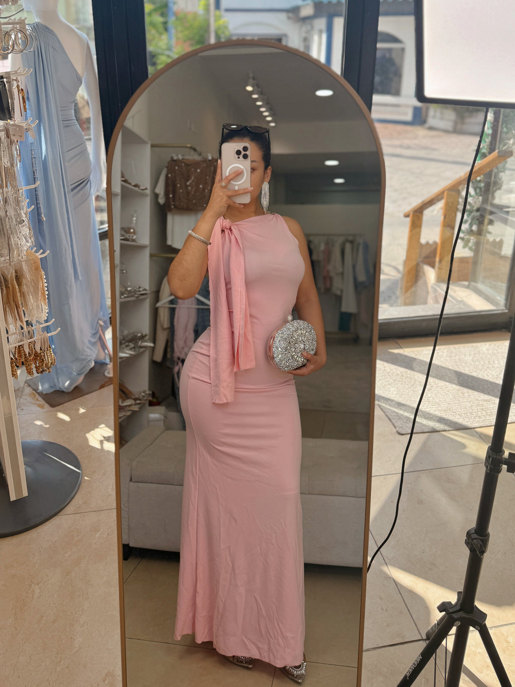 Baby Pink Tie Shoulder Maxi Dress