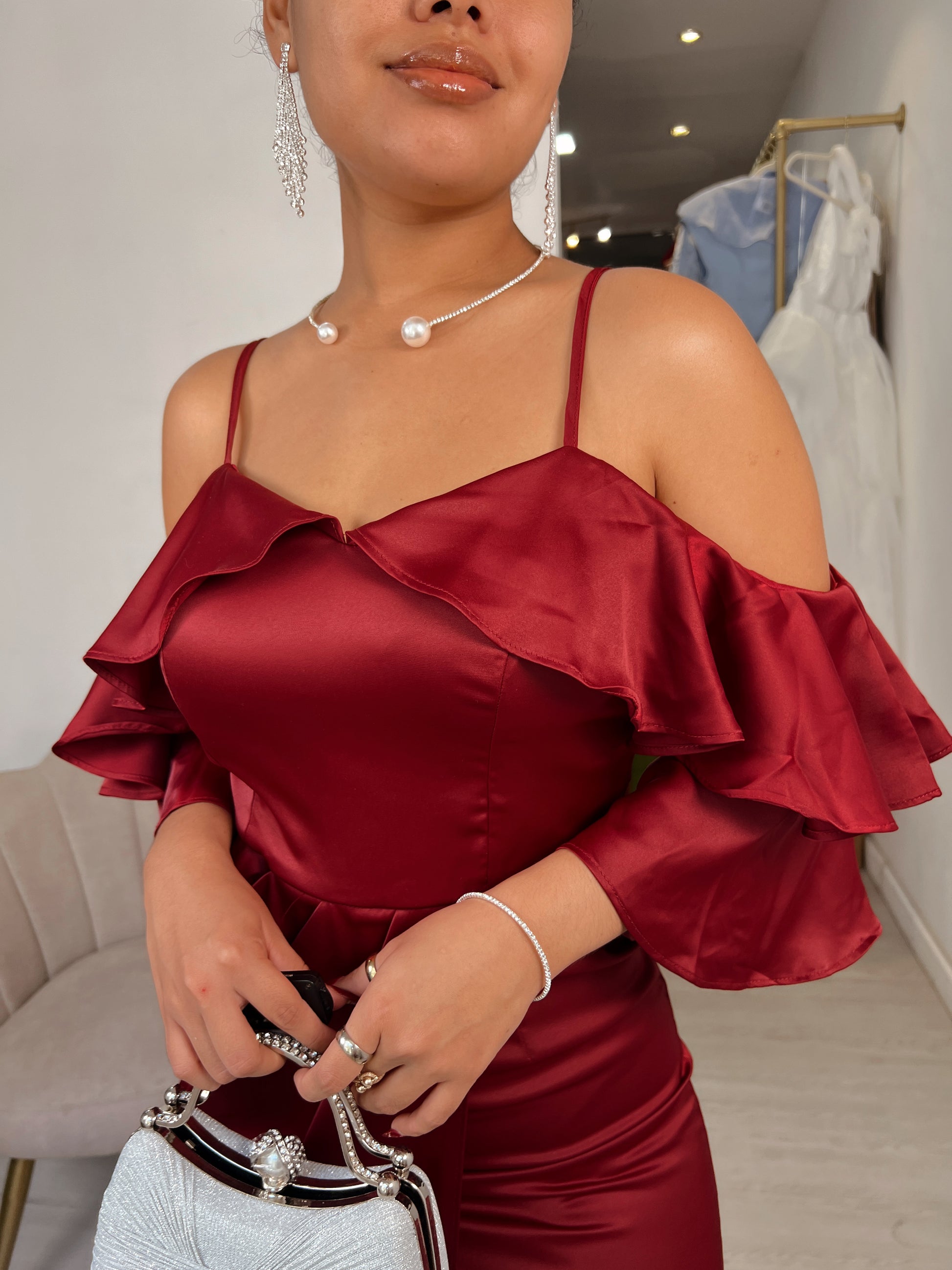 satin ruffle sleeve dress Sheath-Column Floor Length Satin Ruffle Sleeve Wedding Dress COCOMELODY CW2668, 25 Days / Ivory / US8-UK10-EUR38