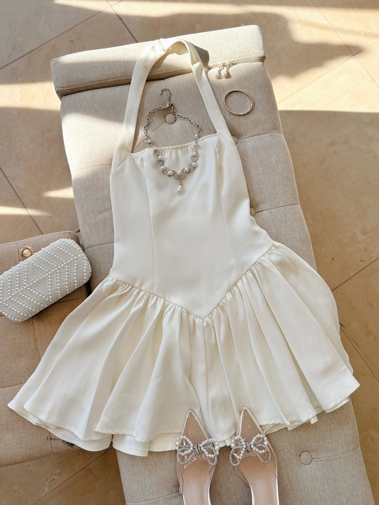 Off White Pleated Halter Mini Dress