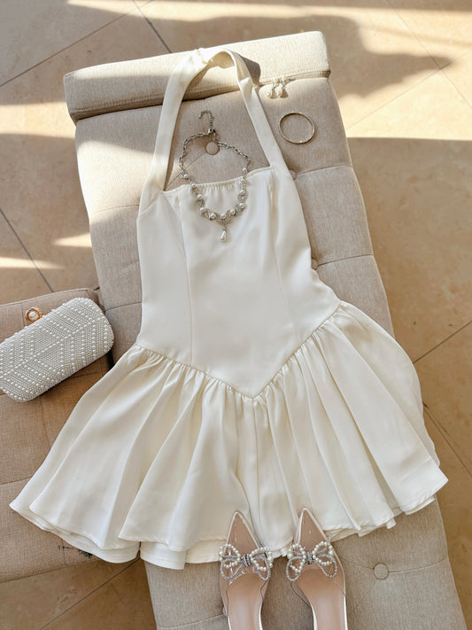 Off White Pleated Halter Mini Dress