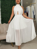 White Halter Pleated Backless Maxi Dresx