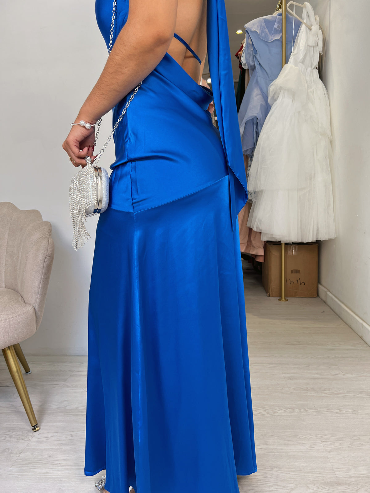 Royal Satin Halter Scarf Maxi Dress