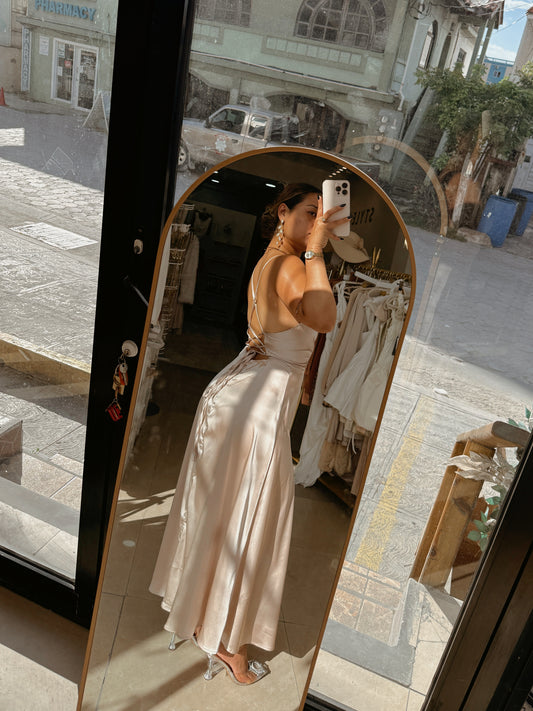 Champagne Satin Laced Midi Dress