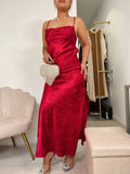 Dark Red Silk Rose Pattern Metallic Midi Dress