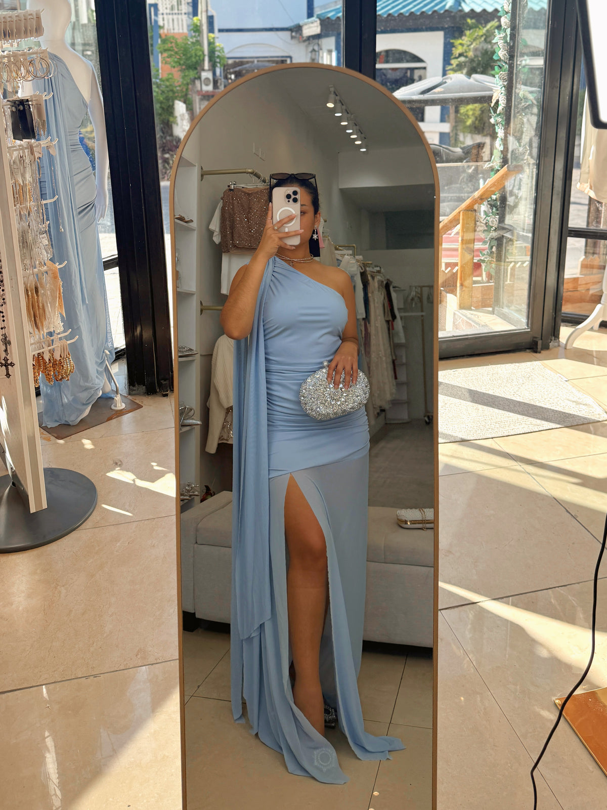 Baby Blue Mesh Shawl Maxi Dress