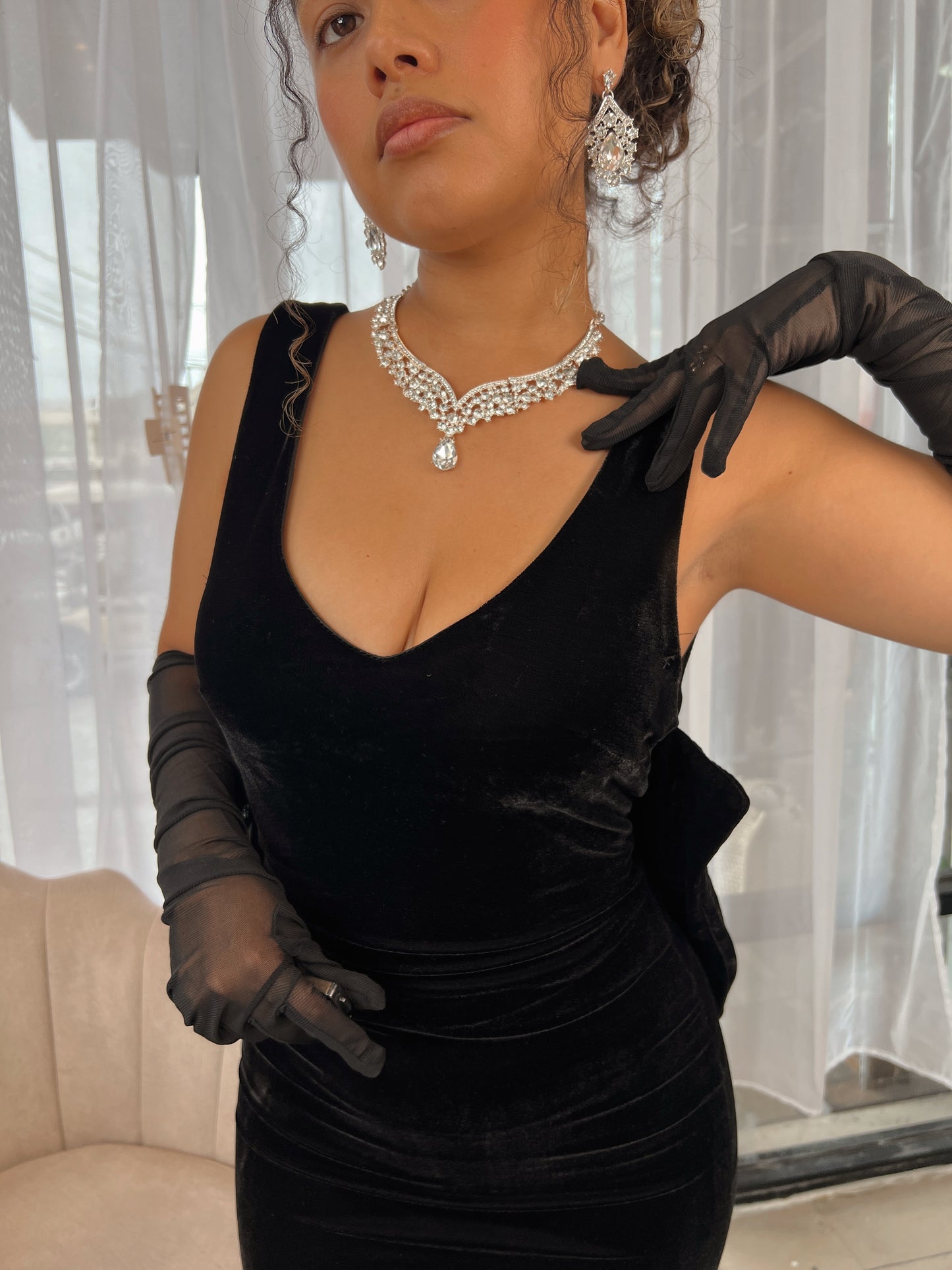 Black Velvet Bow Mini Dress