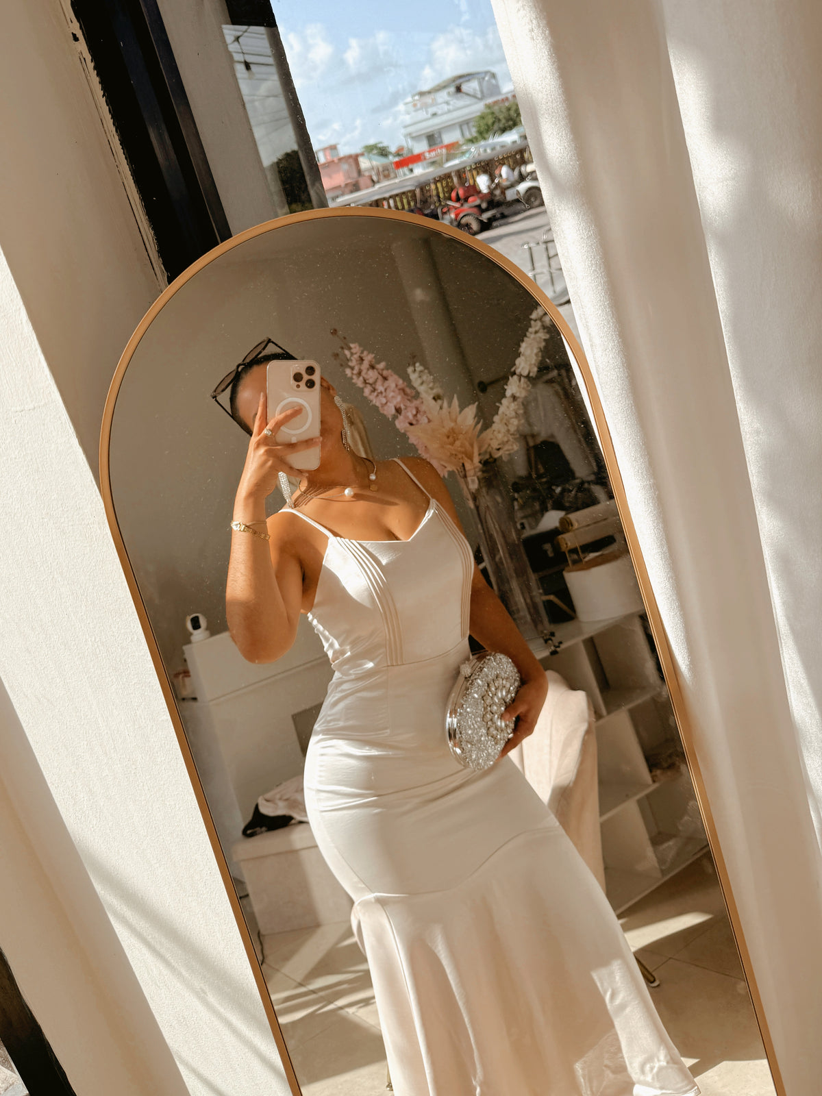 Beige Satin Double lined Midi Dress