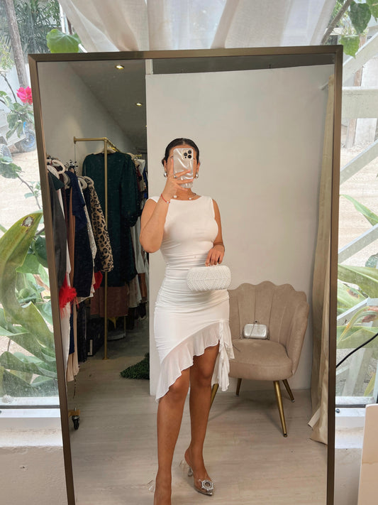 White Frill Hem Midi Dress