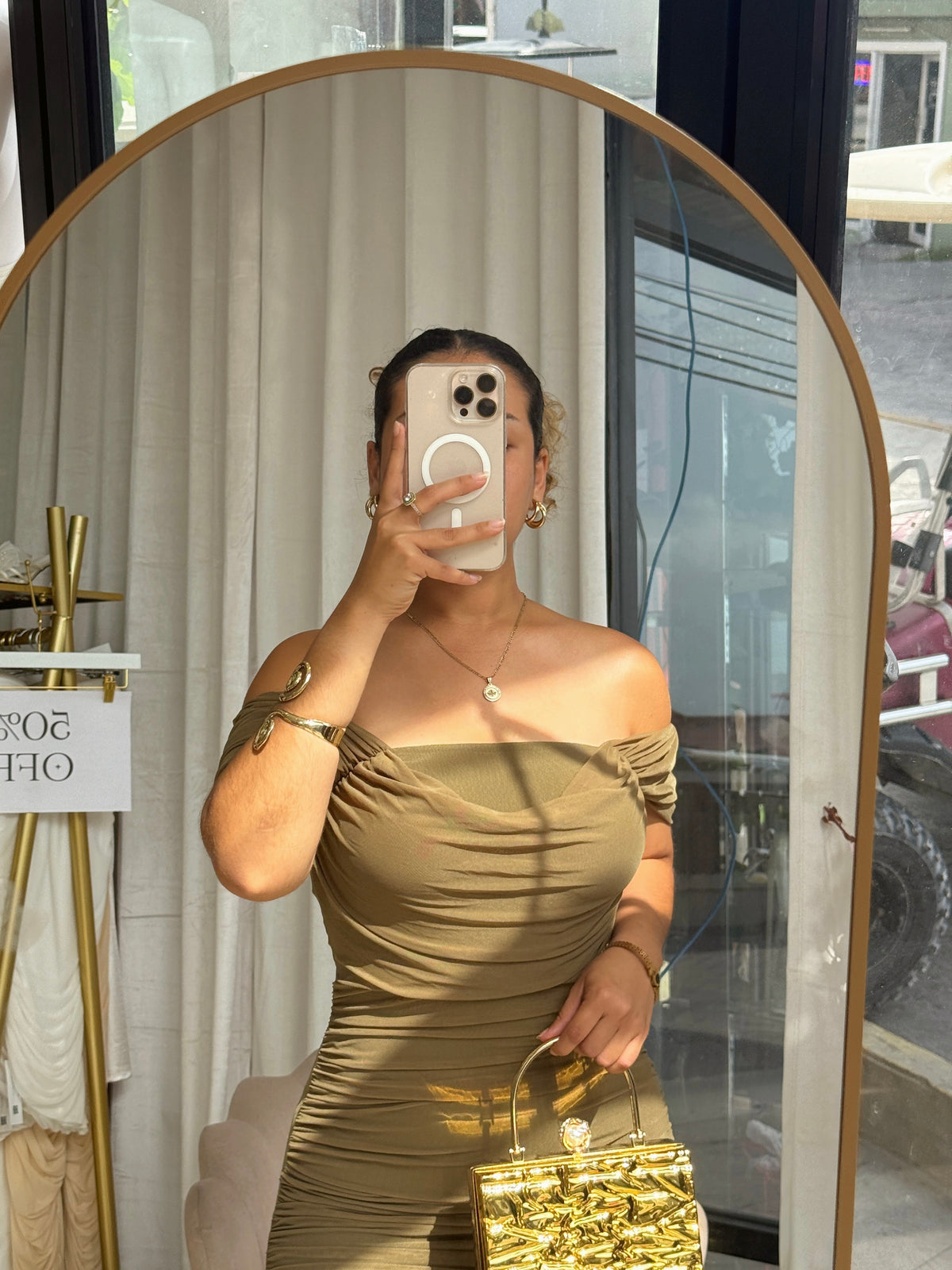 Olive Mesh Layered Midi Dress