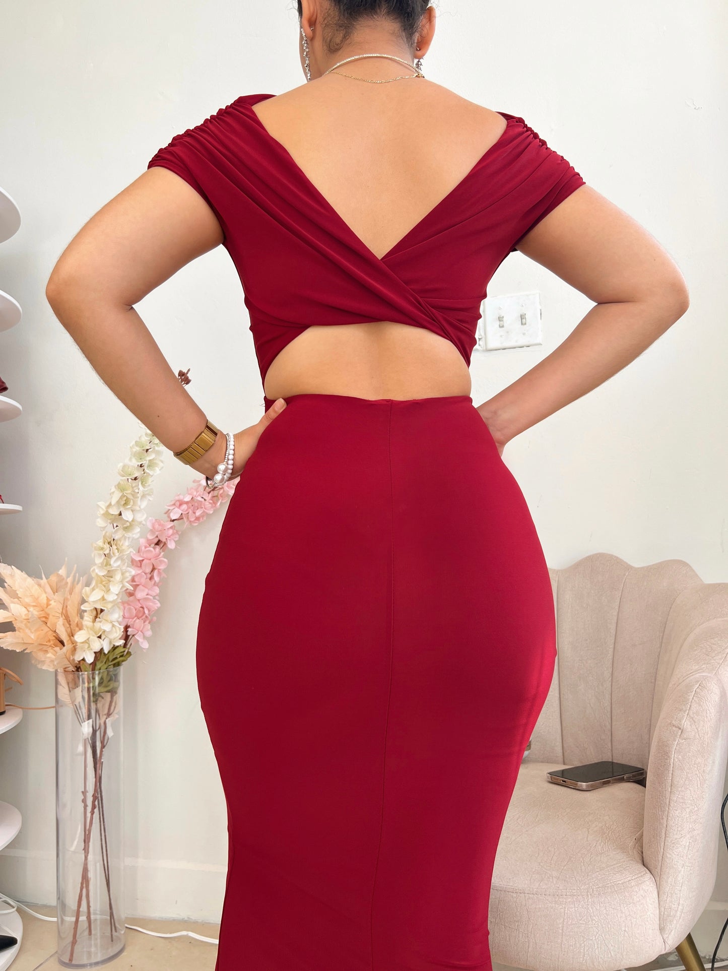 Burgundy Bardot Off Shoulder Maxi Dress