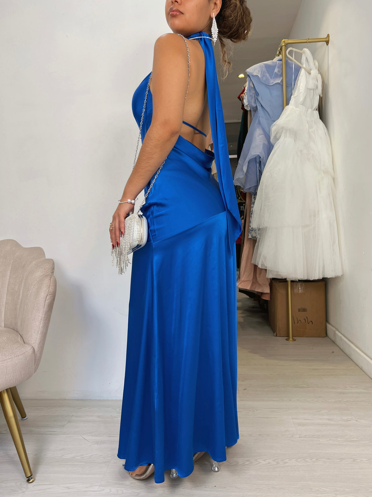 Royal Satin Halter Scarf Maxi Dress