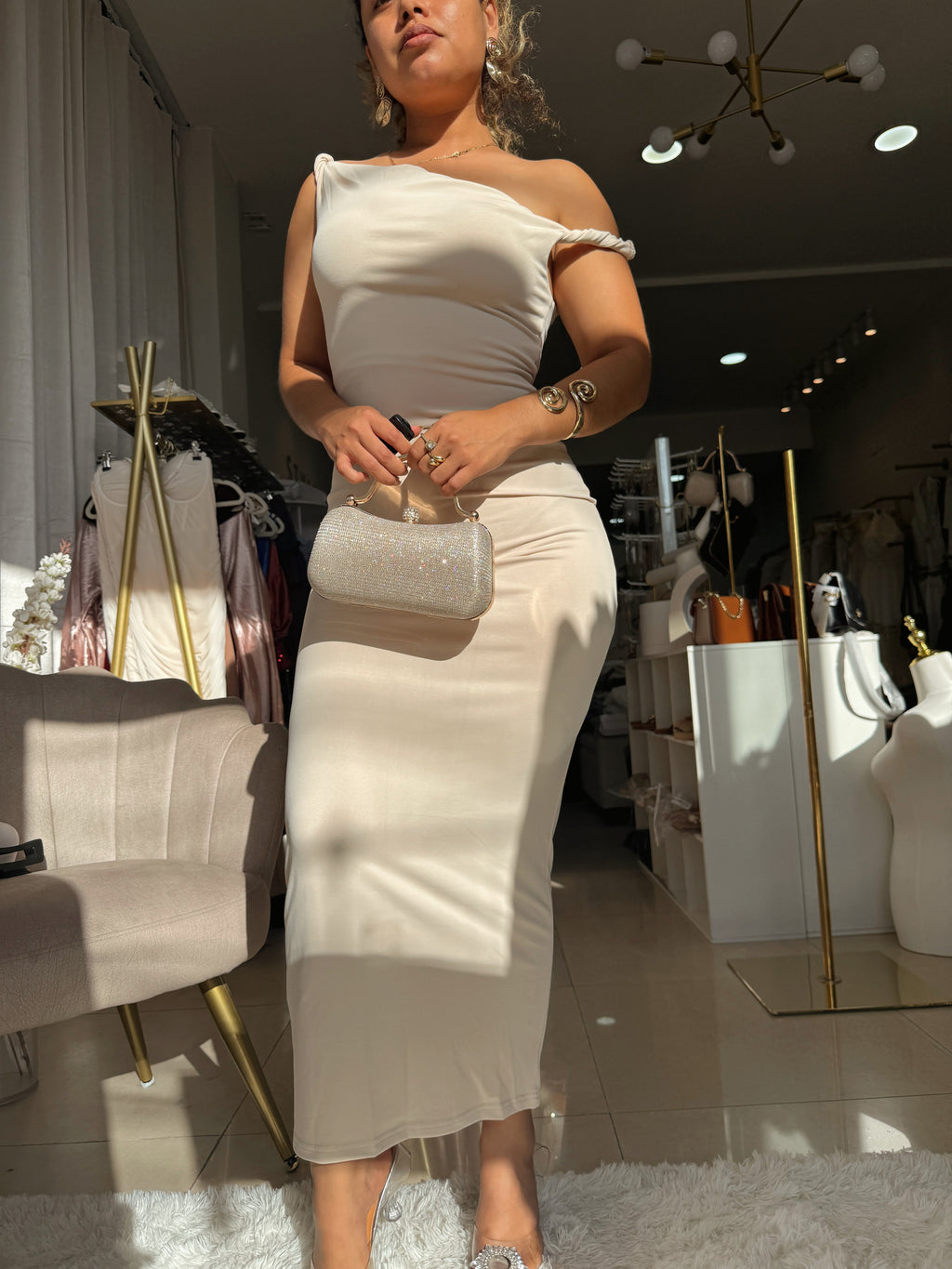 Beige twist strap Midi Dress