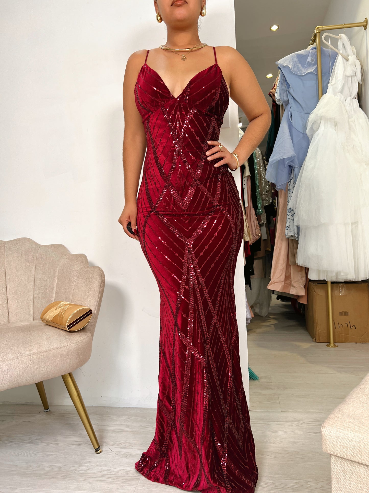 Burgundy Velvet Sequin Laced Back Gala Dress