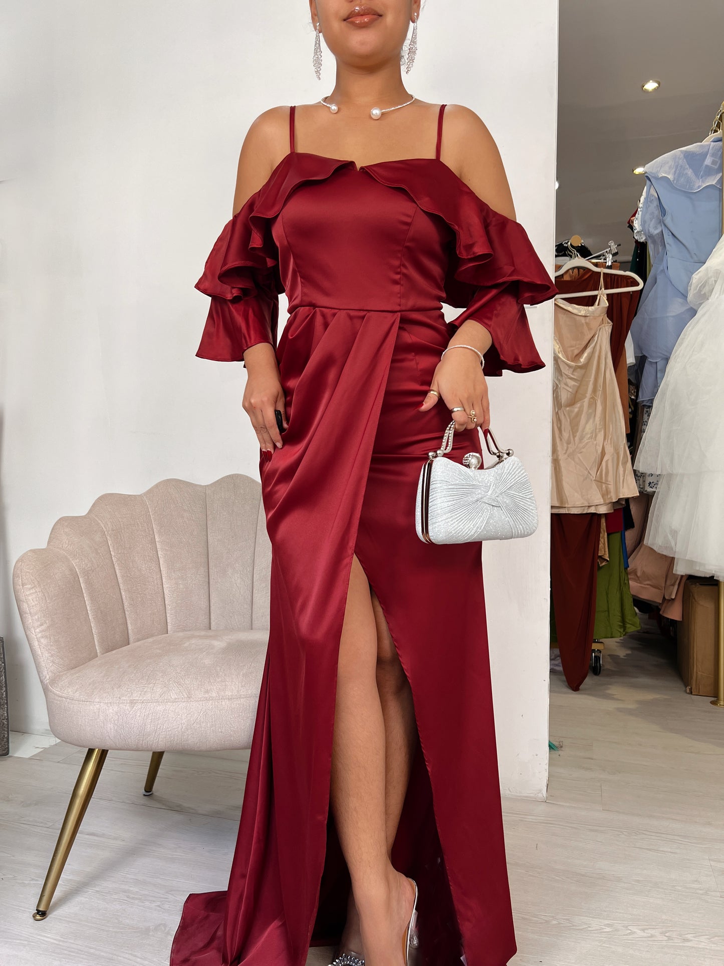 Burgundy Satin Ruffle Sleeves Maxi Gala Dress