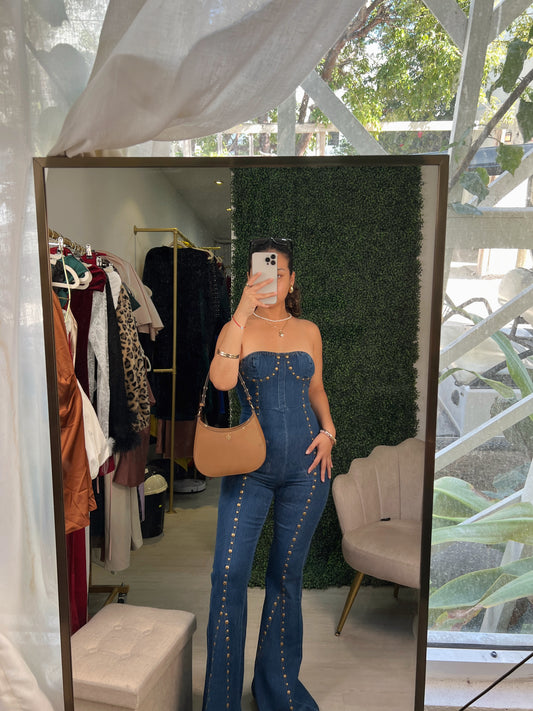 Dark Wash Studded Denim Jumpsuit