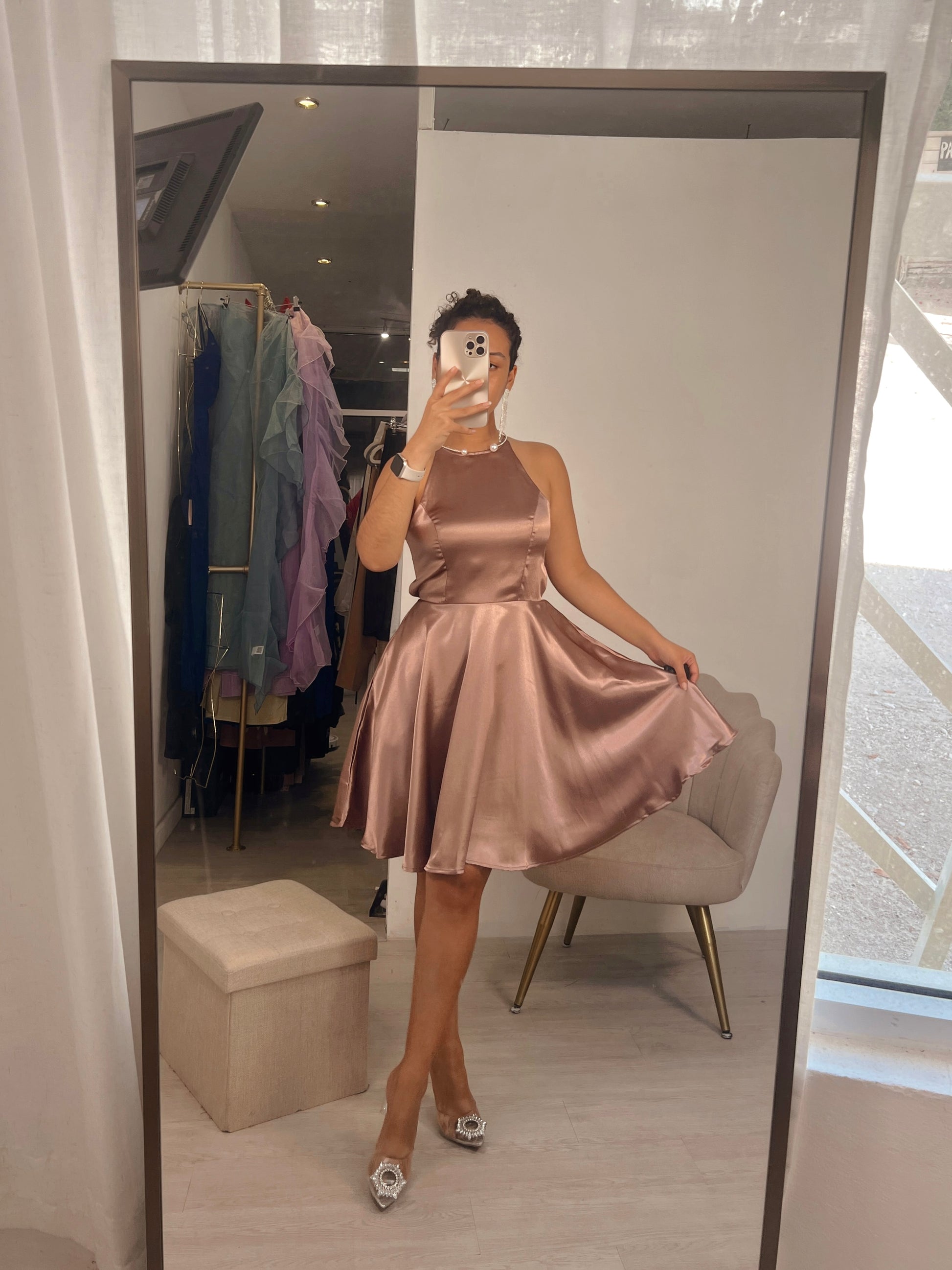 Dusty Pink Metallic Satin Cocktail Dress STYLE US Dusty Pink Metallic Satin Cocktail Dress STYLE US
