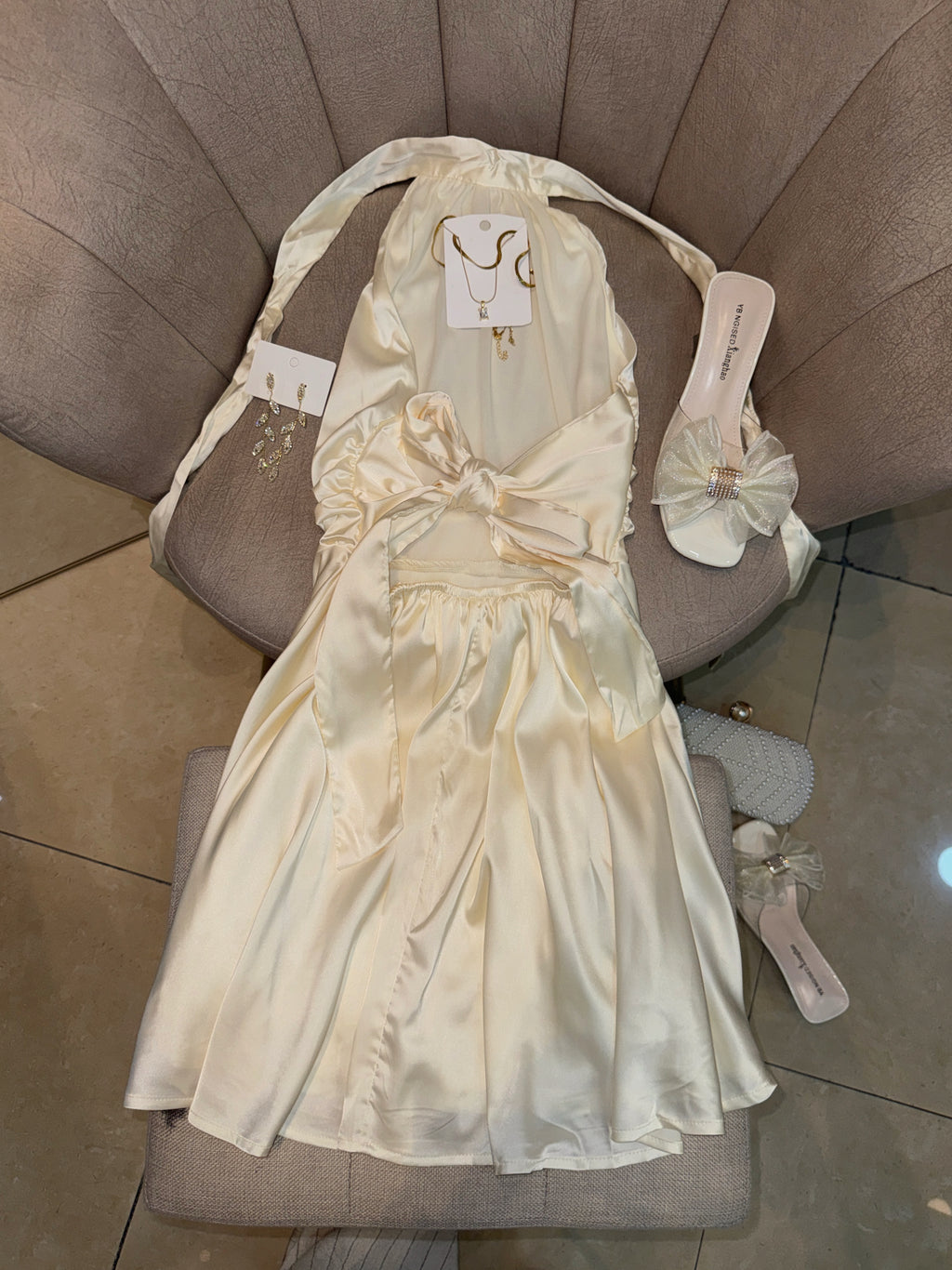 Butter Yellow Silk Halter Dress