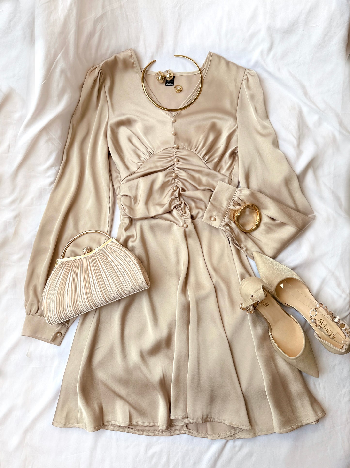 French Gold Satin Bishop Sleeve Dress