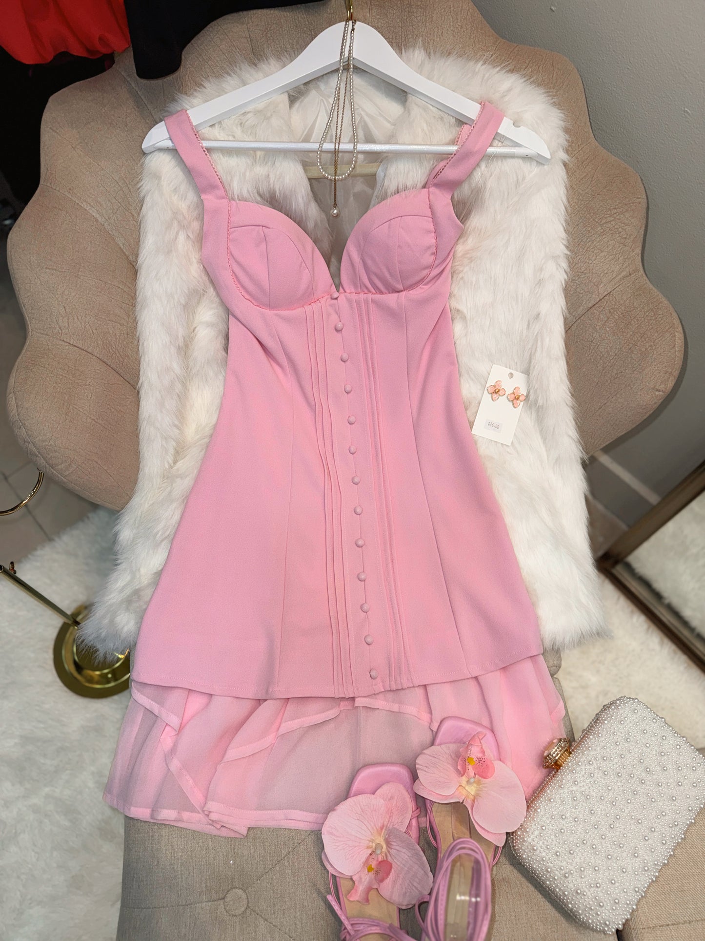 Bright Pink Vest Button bustier Dress