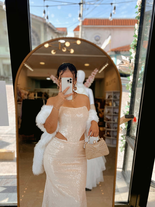 Cream Corset Sequin Velvet Gala Dress
