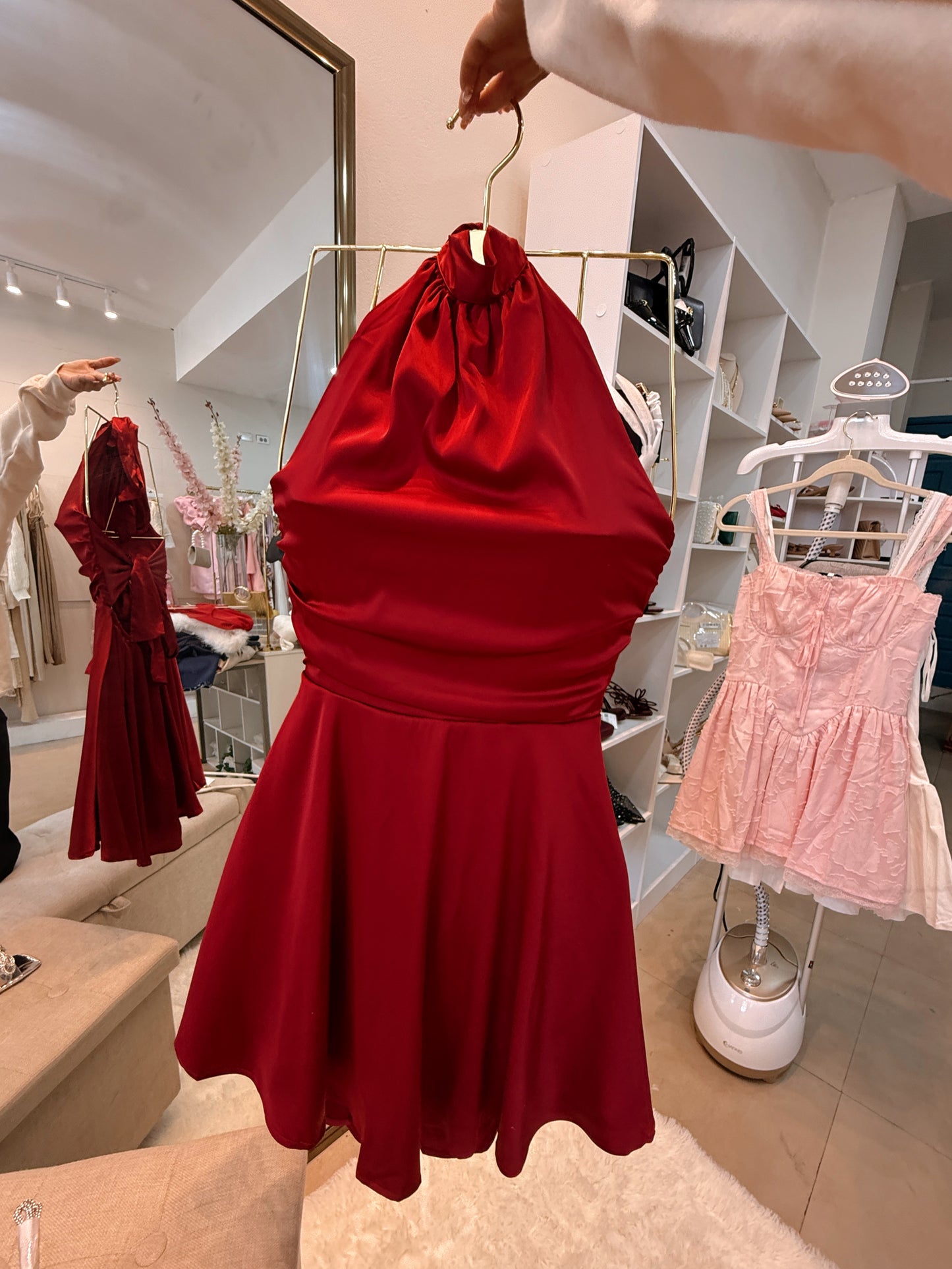 Dark Red Silk Halter A-Line Mini Dress