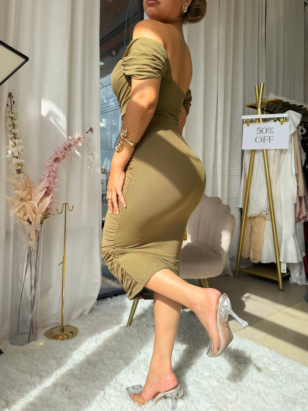 Olive Mesh Layered Midi Dress