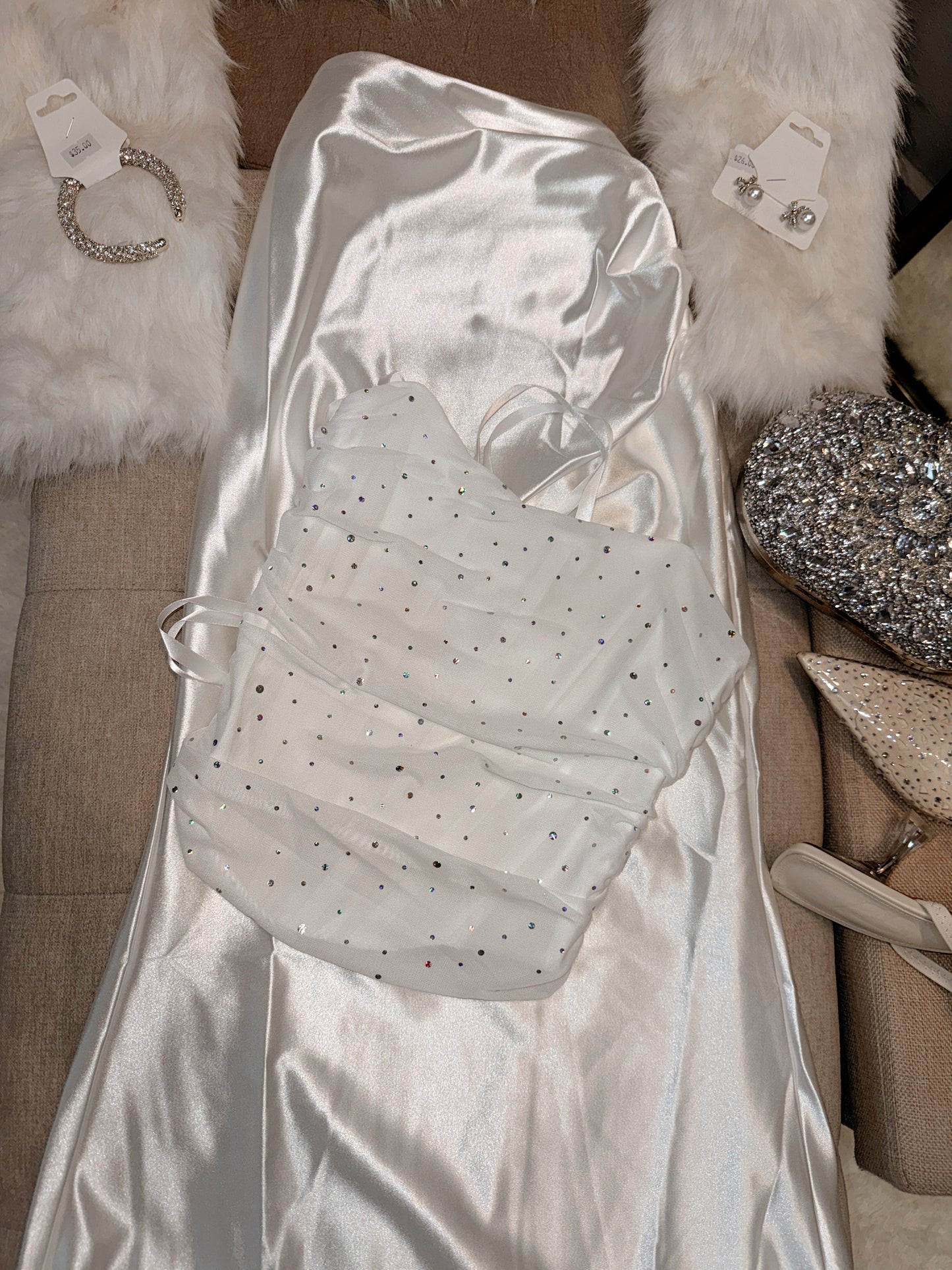 White Sequin Mesh Laced Corset