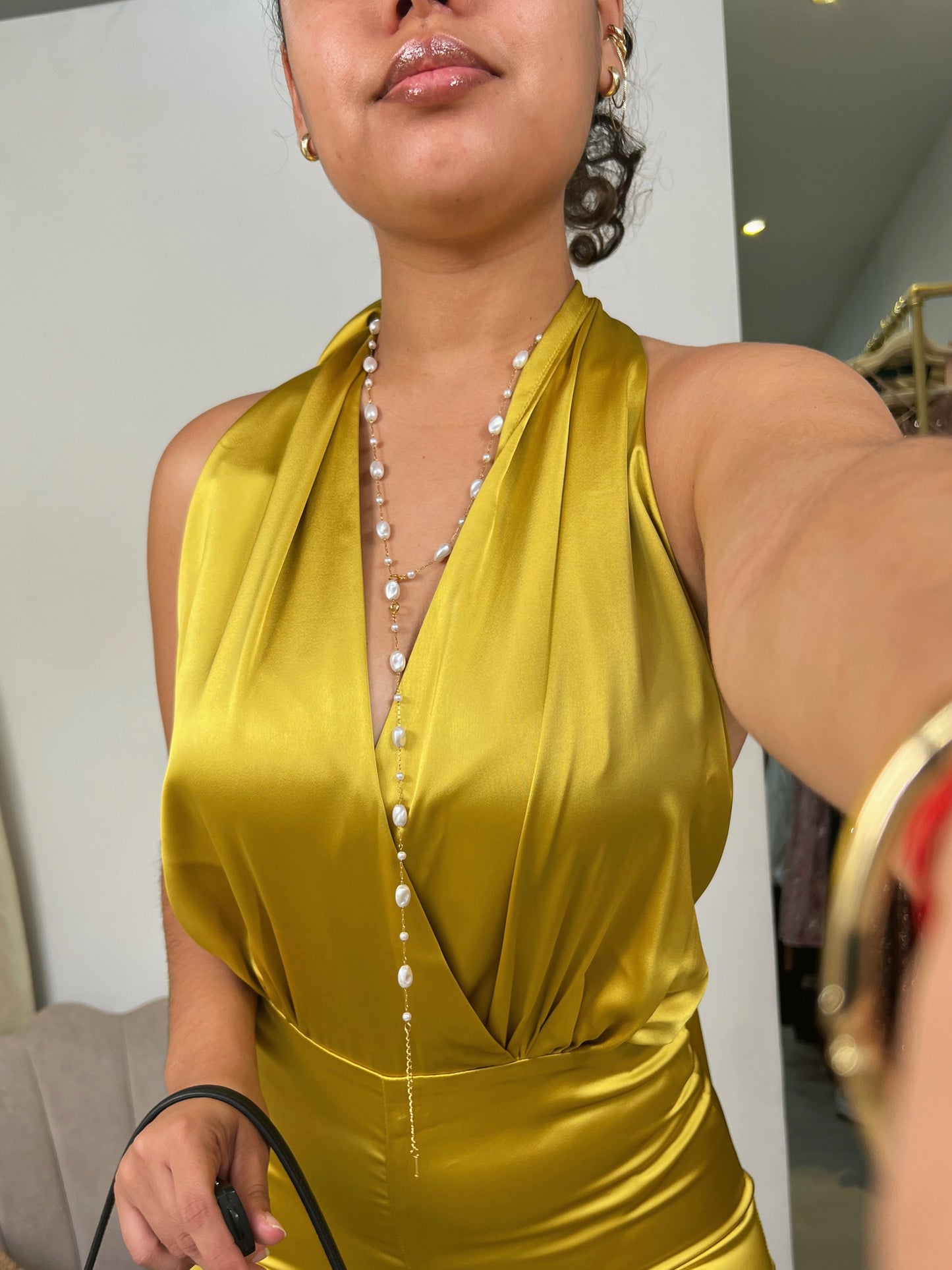 Chartreuse Satin Halter Jumpsuit