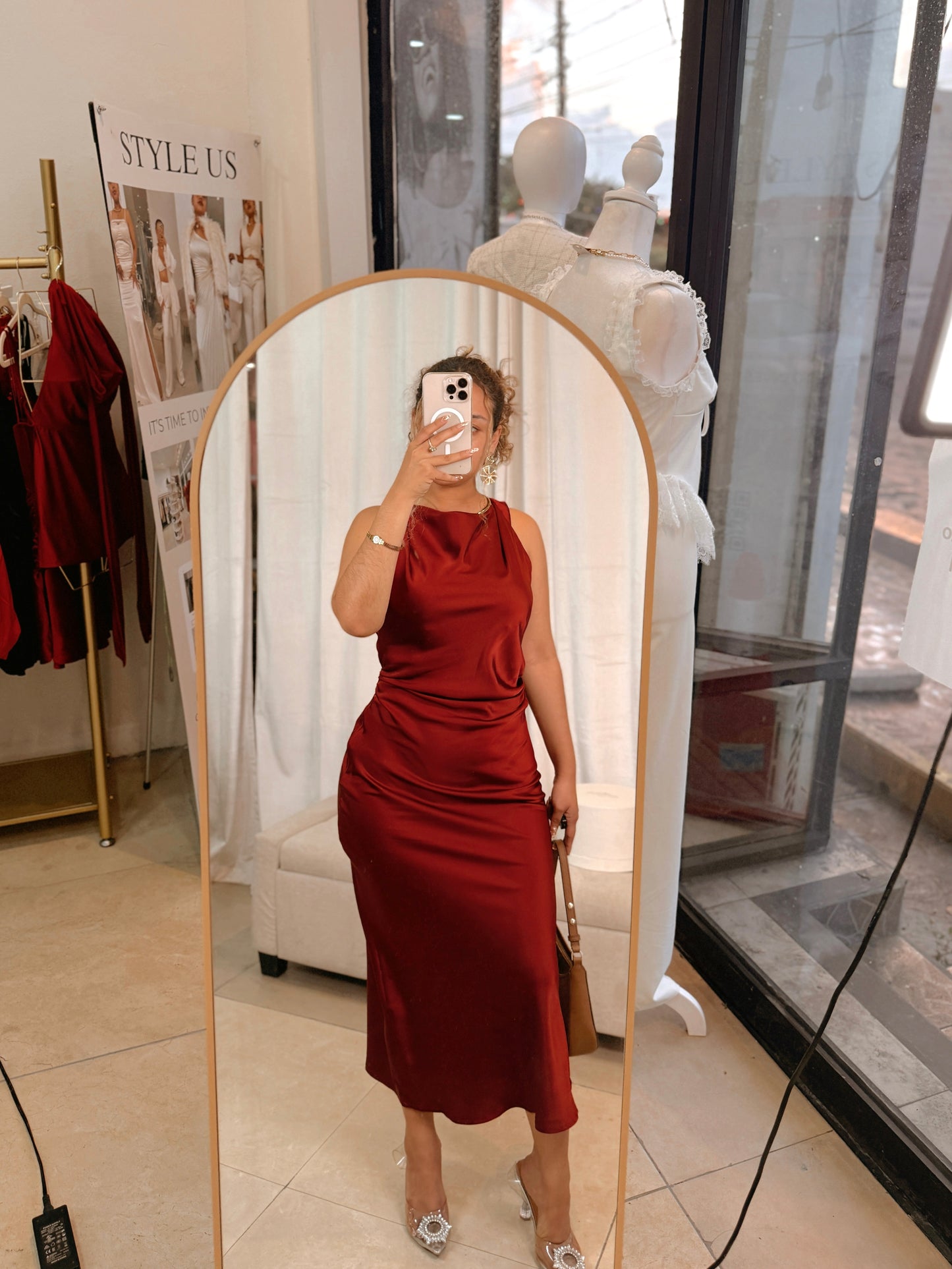 Dark Red Silk Tank Midi Dress