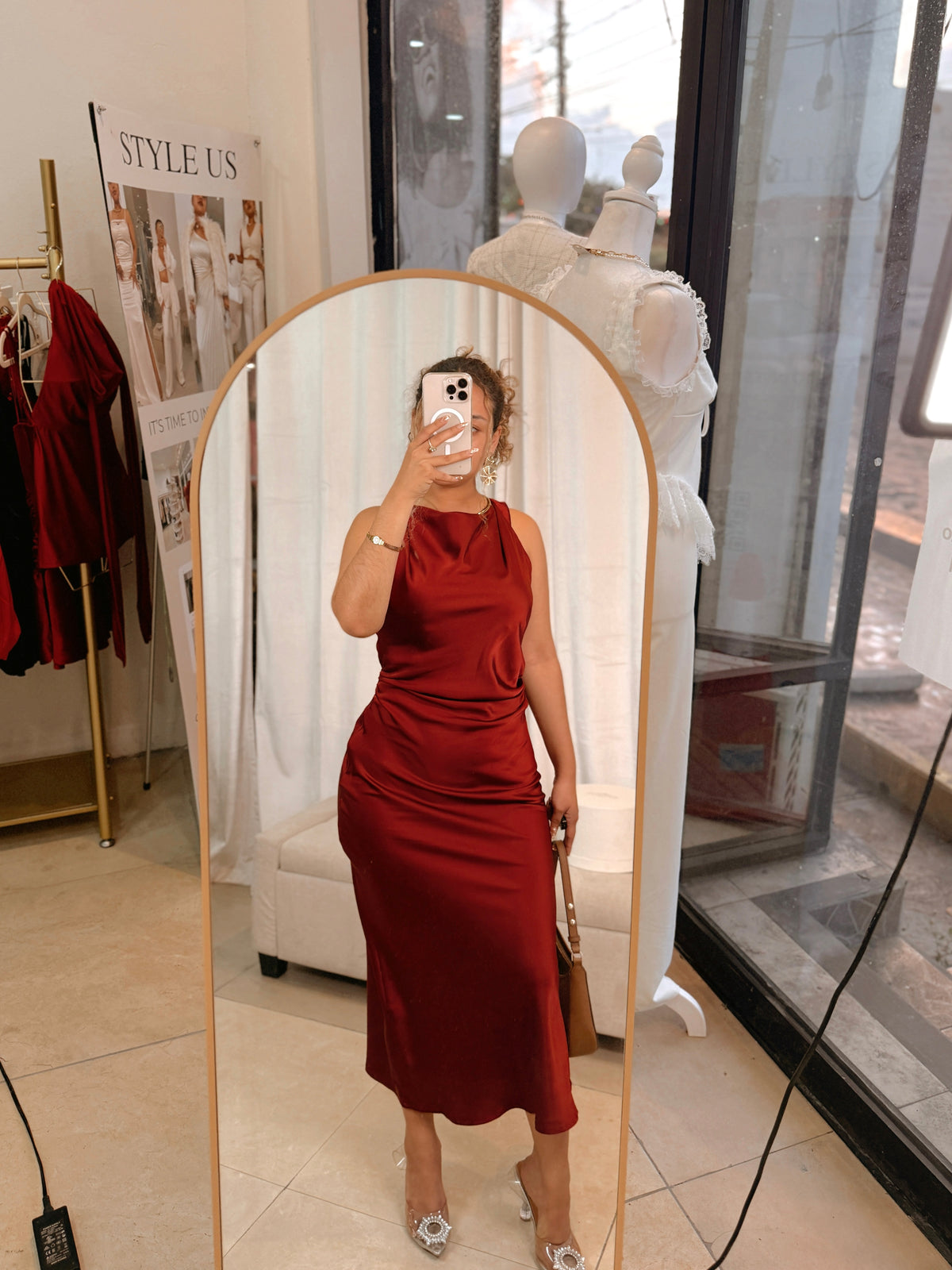 Dark Red Silk Tank Midi Dress