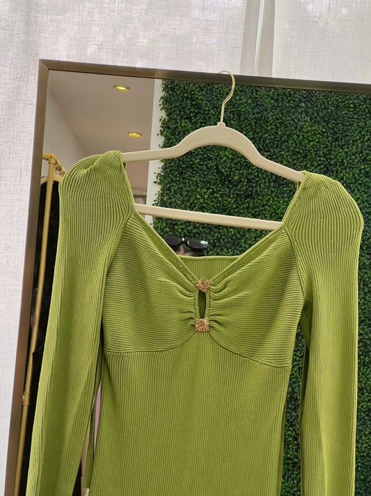 Lime Ribknitted Gold Pin Sweater Sleeved Midi Dress
