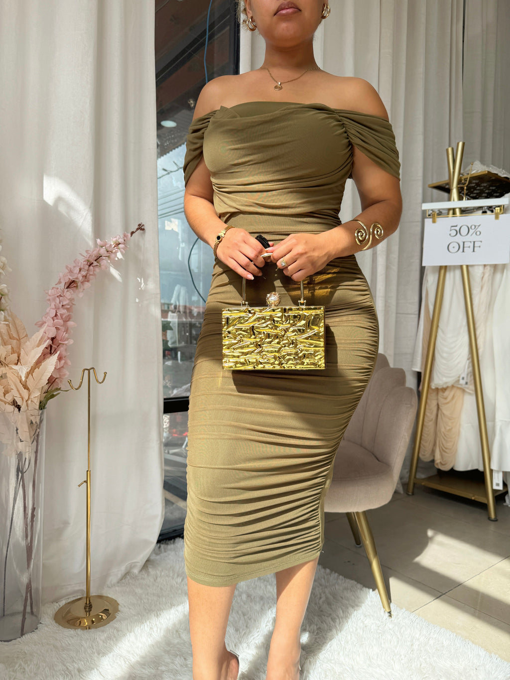 Olive Mesh Layered Midi Dress