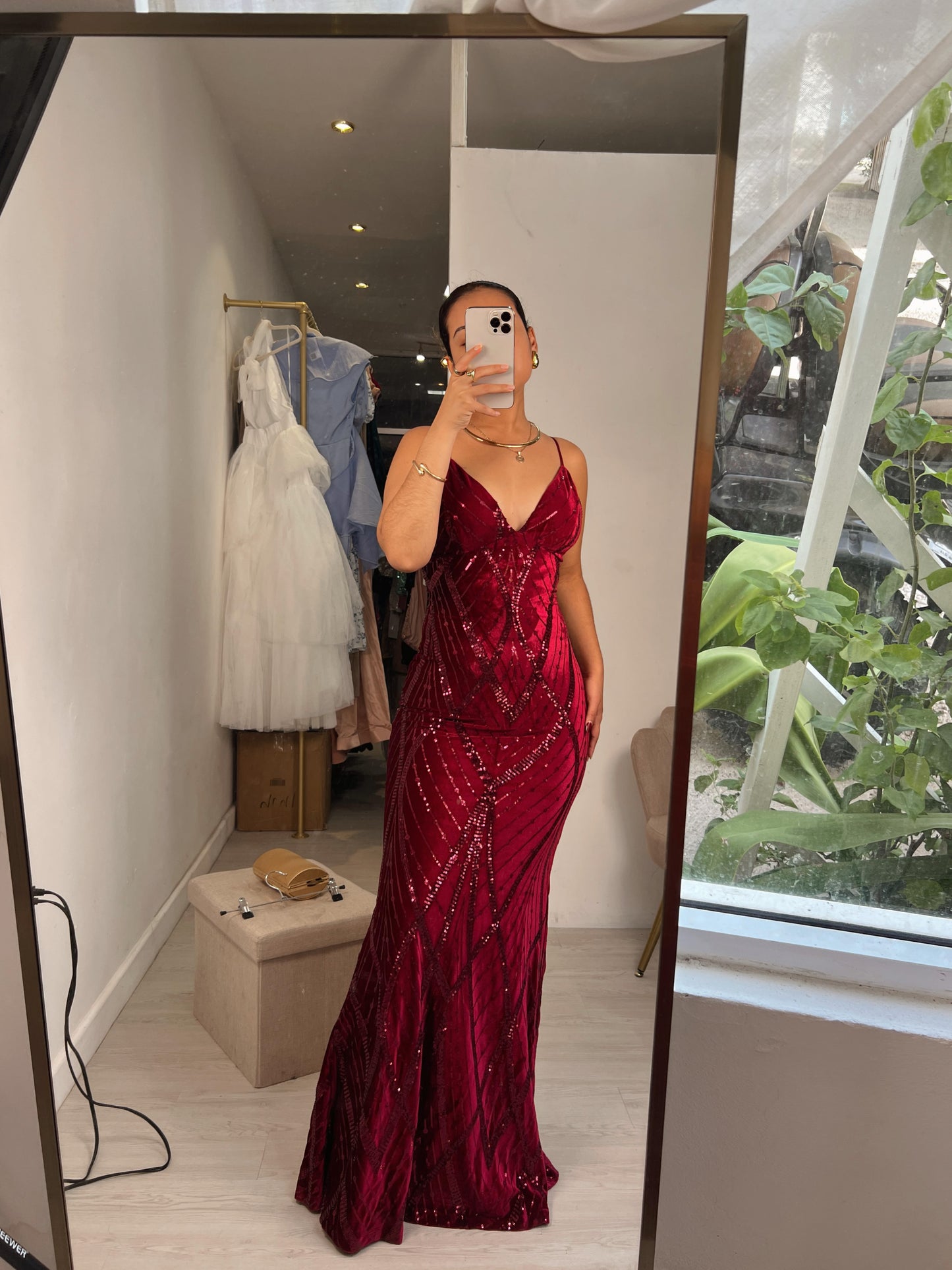 Burgundy Velvet Sequin Laced Back Gala Dress